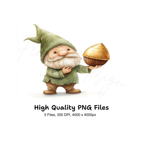 Cute Garden Gnome with Golden Acorn Clipart Bundle