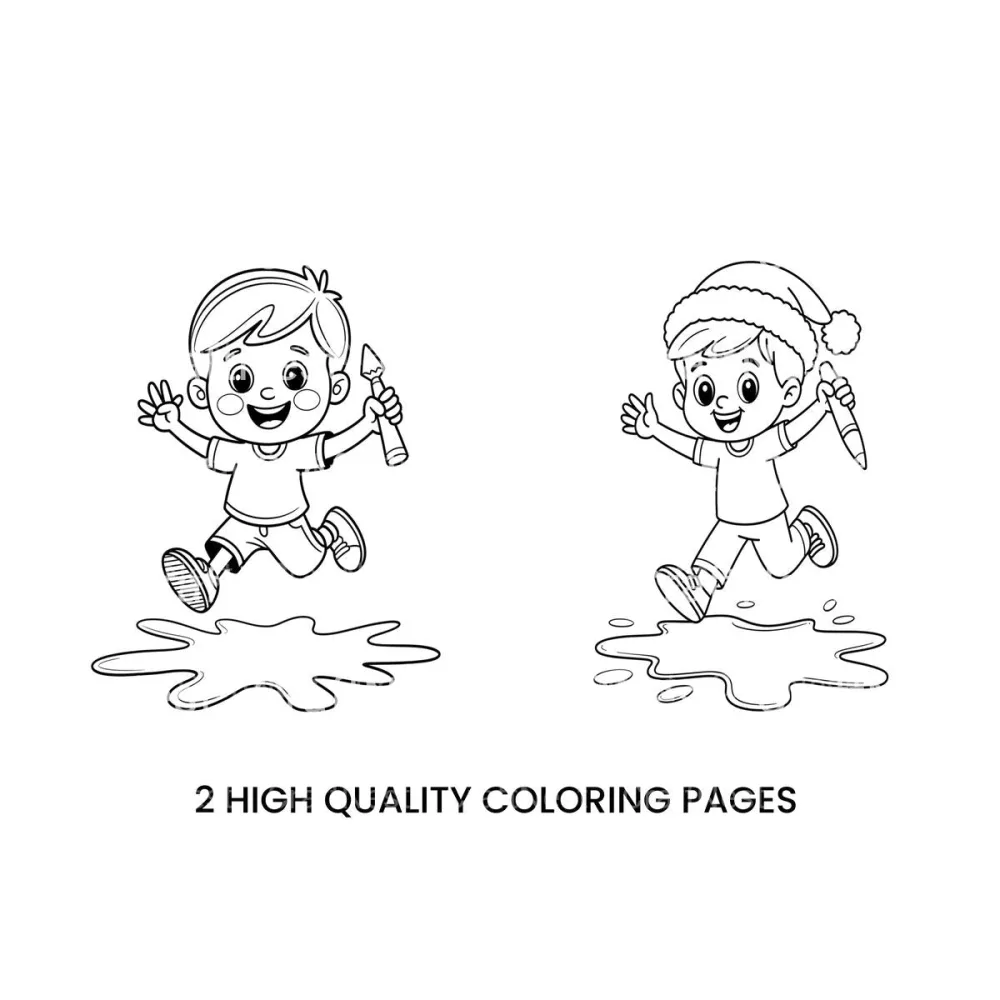 Boy Jumping in Puddle Coloring Books
