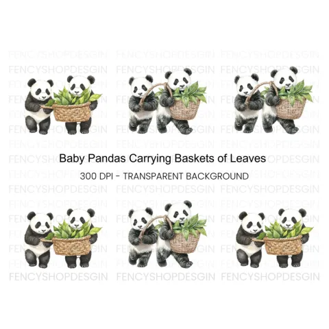 Panda with Baskets of Leaves Clipart Bundle