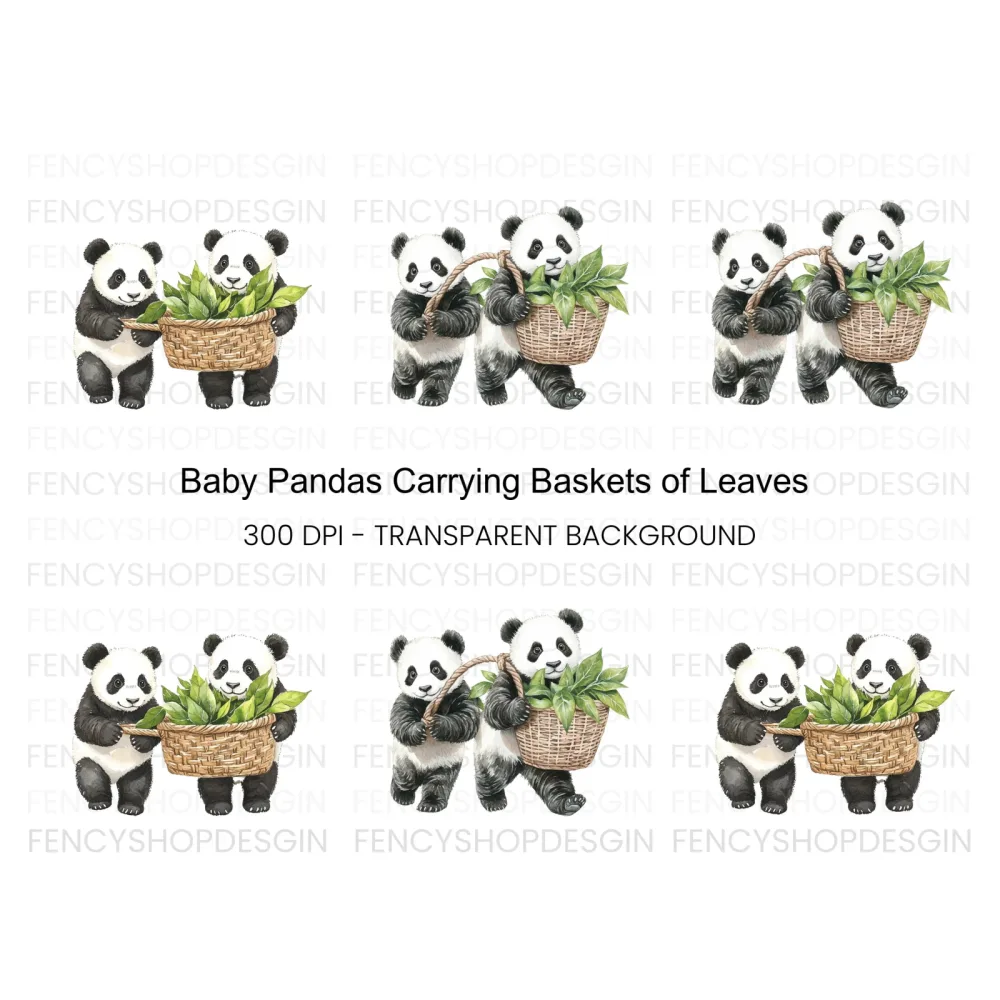 Panda with Baskets of Leaves Clipart Bundle