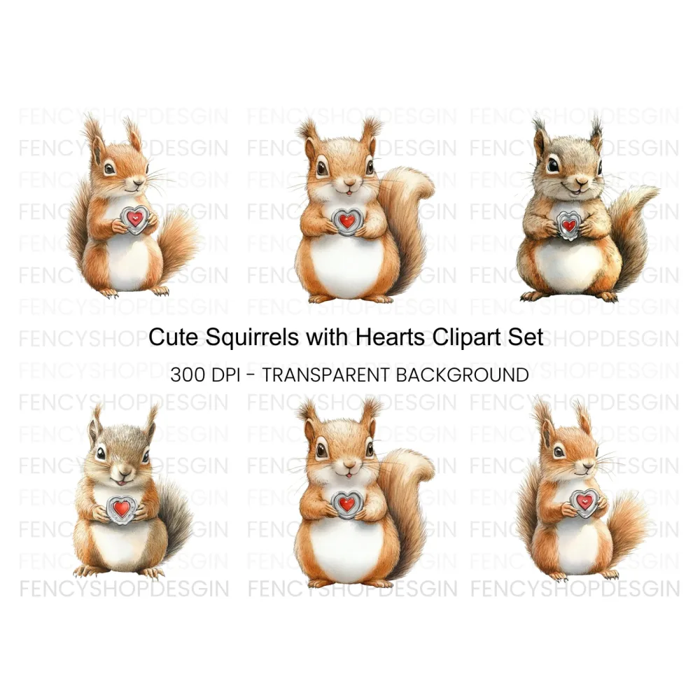 Cute Squirrels with Hearts Clipart Bundle