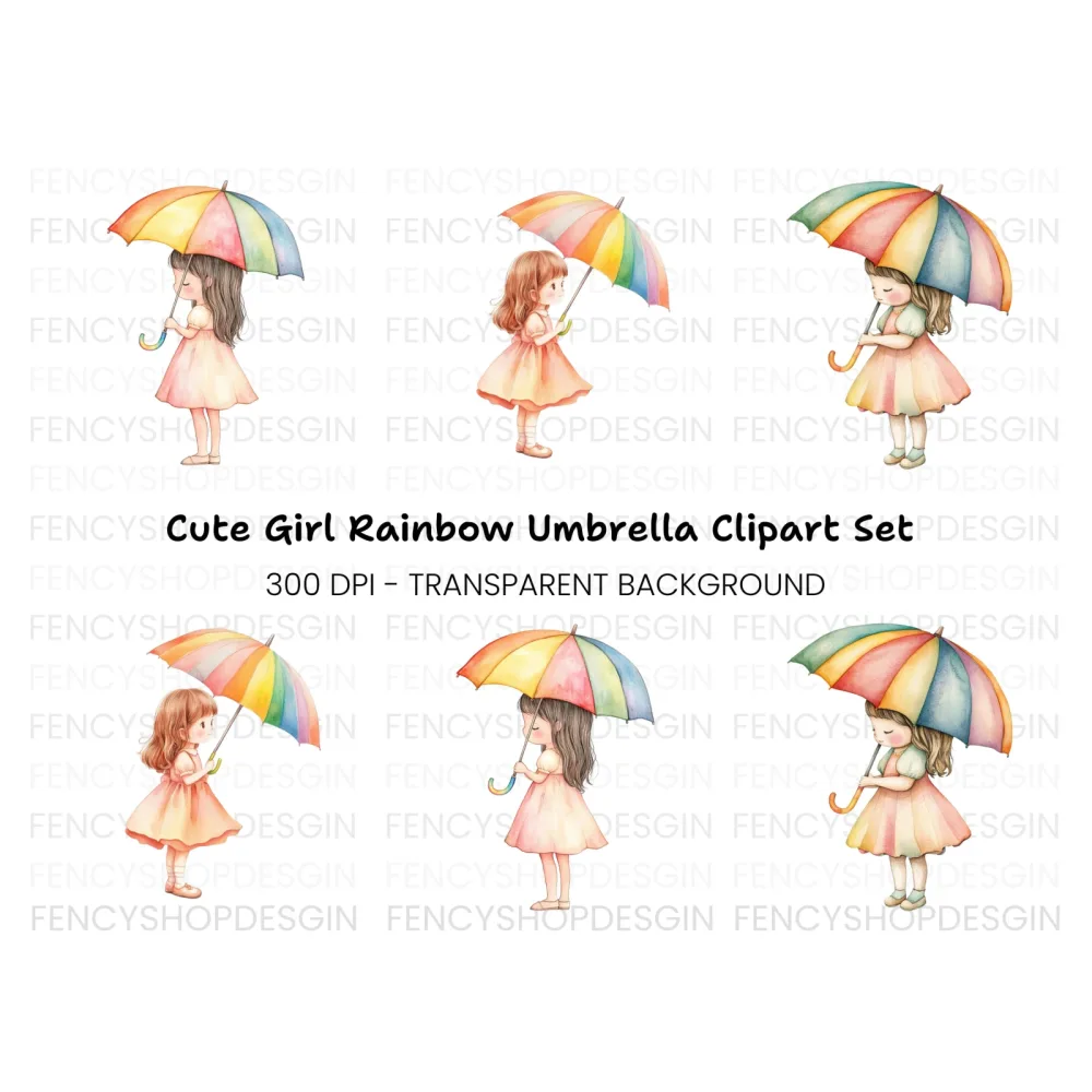 Girls with Rainbow Umbrella Clipart Bundle