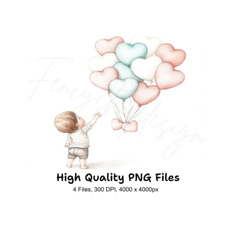 Cute Babies with Heart Balloons Clipart Bundle