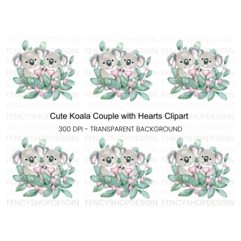 Cute Koala Couple with Pink Hearts Clipart Bundle