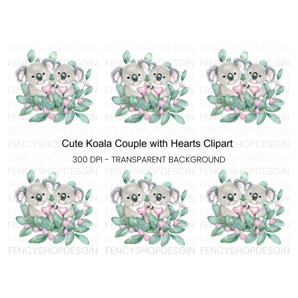 Cute Koala Couple with Pink Hearts Clipart Bundle