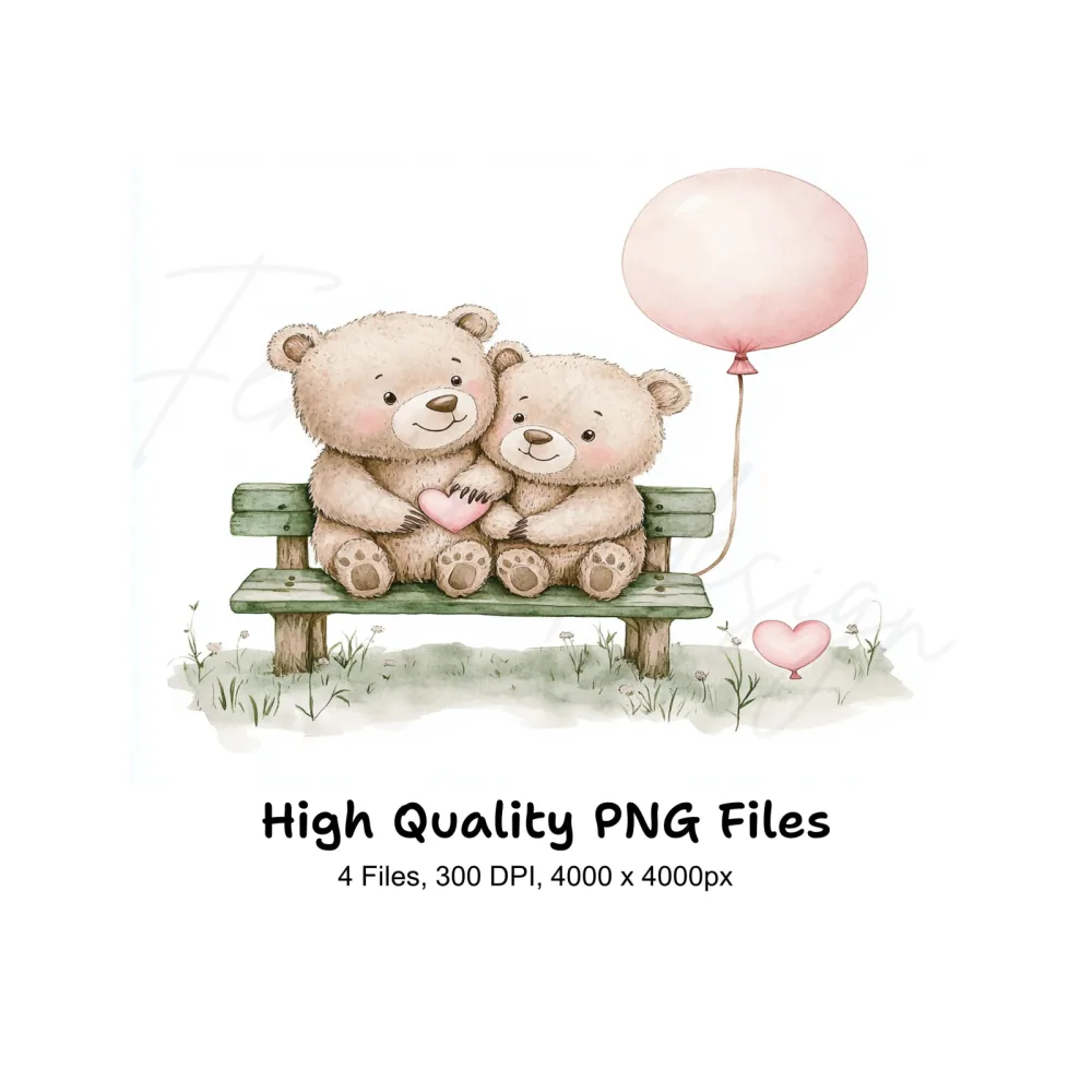 Romantic Bear Couple on Bench Clipart Bundle