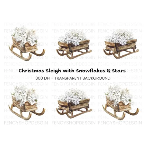 Winter Sleigh with Snowflakes Clipart Bundle