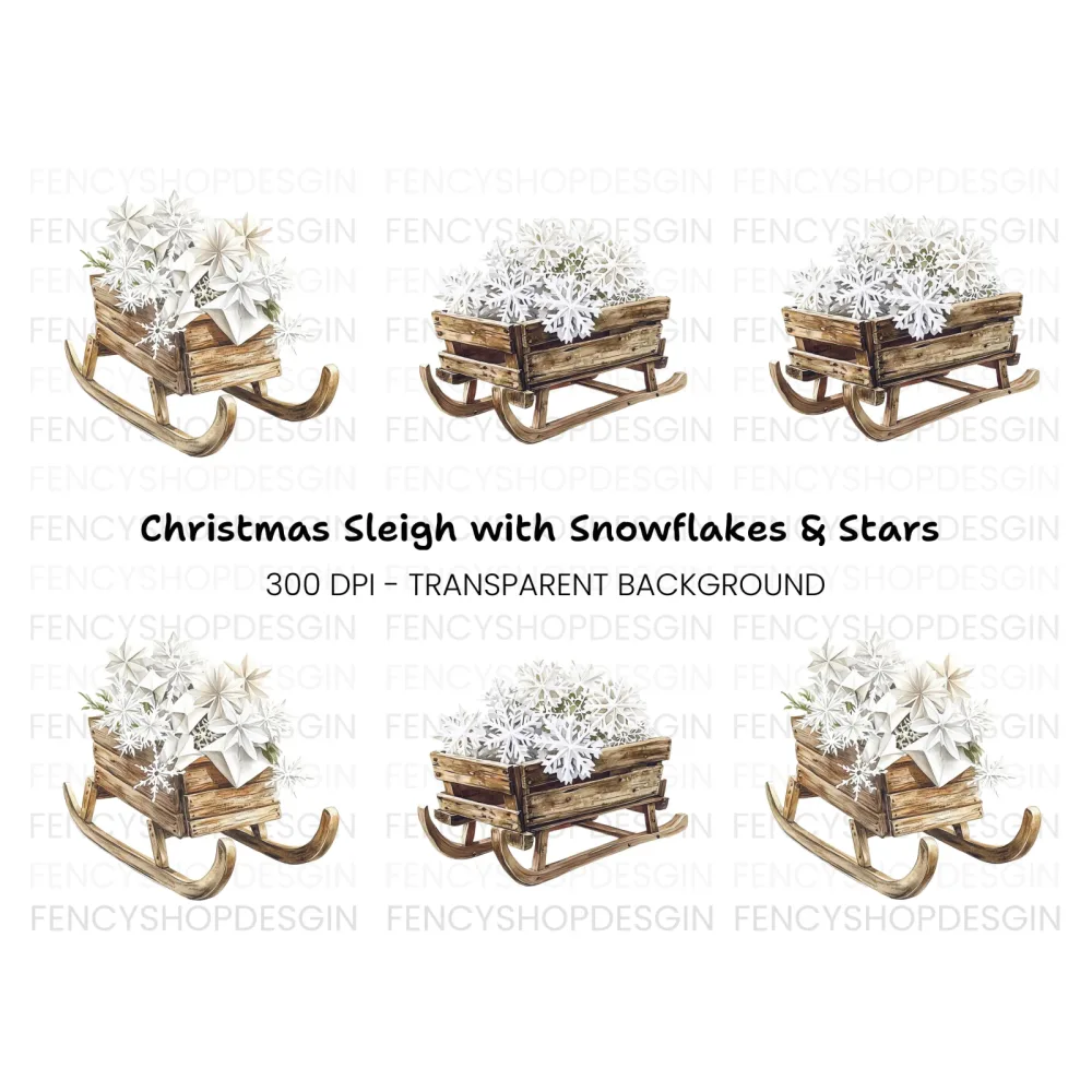 Winter Sleigh with Snowflakes Clipart Bundle