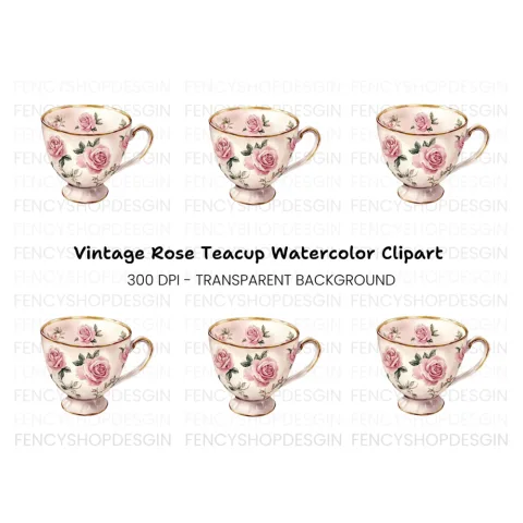 Pink Rose Teacup Clipart Bundle