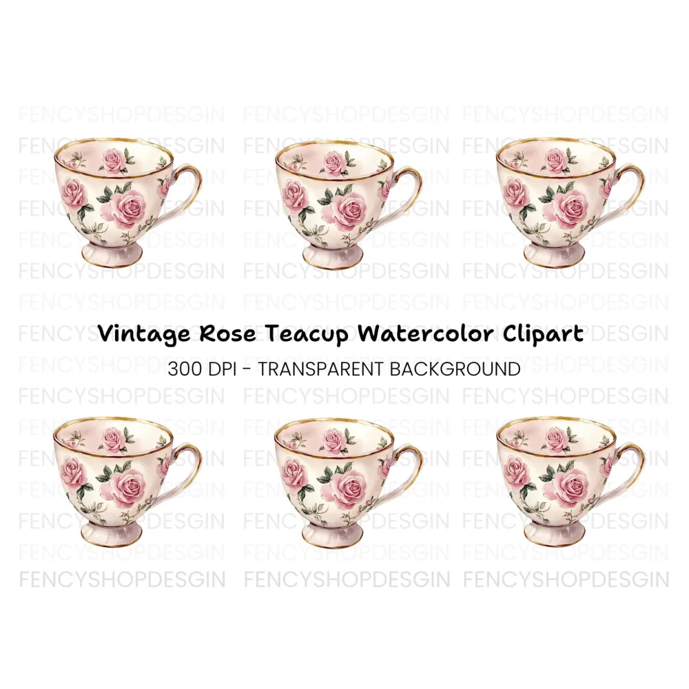 Pink Rose Teacup Clipart Bundle