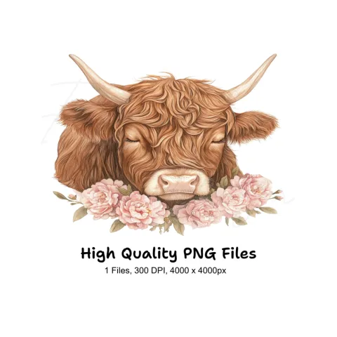 Highland Cow with Pink Peonies Clipart Bundle