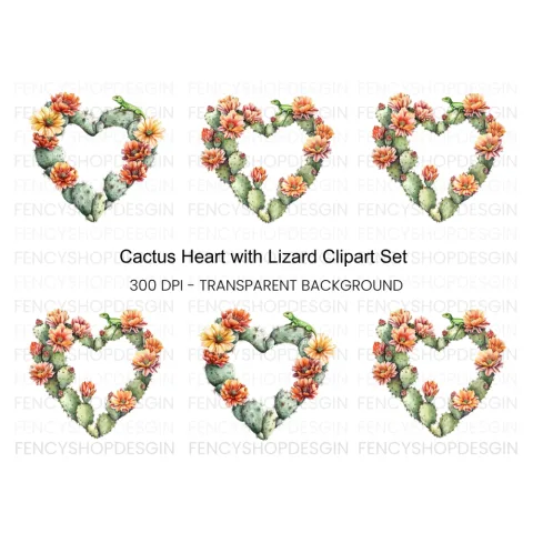 Cactus Heart with Lizard Clipart Bundle
