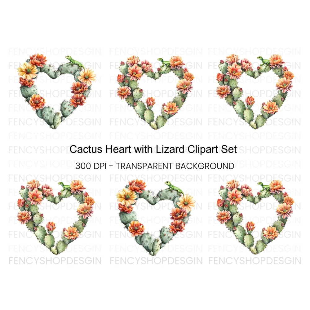 Cactus Heart with Lizard Clipart Bundle