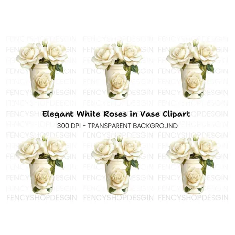 White Rose Vase Illustration Clipart Bundle