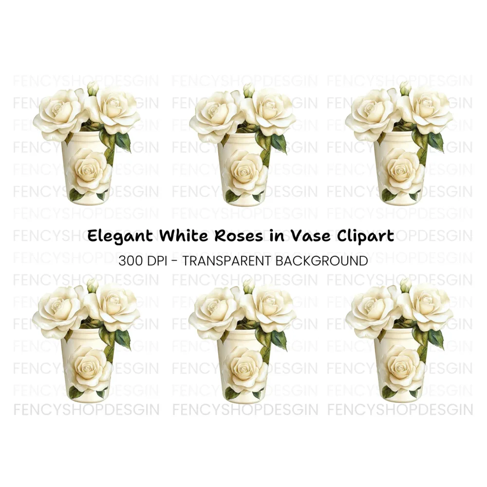 White Rose Vase Illustration Clipart Bundle