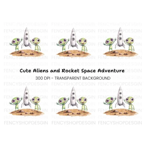 Cute Aliens and Rocket Ship Clipart Bundle