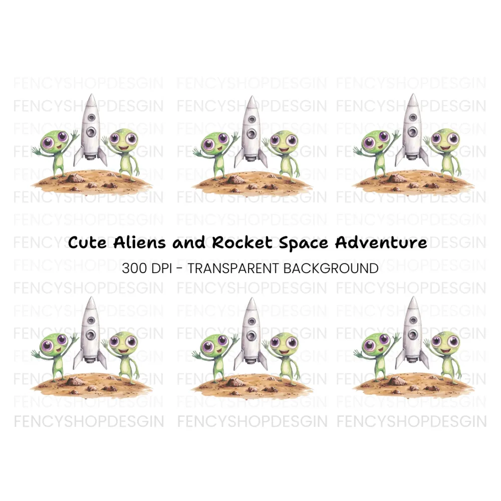 Cute Aliens and Rocket Ship Clipart Bundle