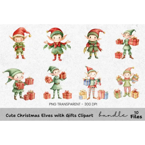 Cute Christmas Elves with Gifts Clipart Bundle