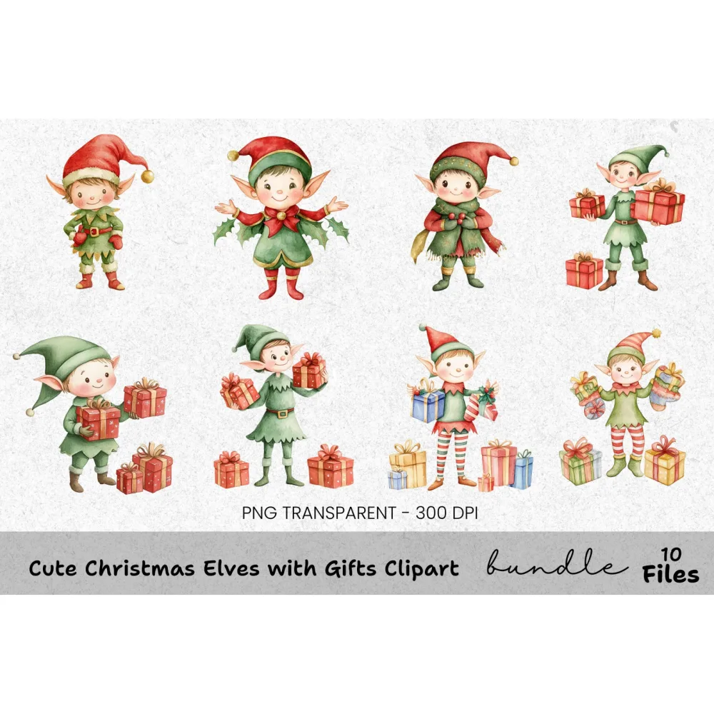 Cute Christmas Elves with Gifts Clipart Bundle