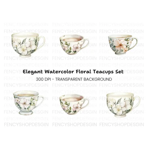 Elegant White Floral Teacup Clipart Bundle