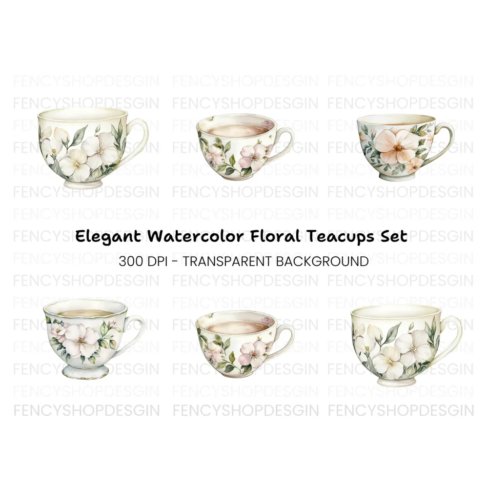 Elegant White Floral Teacup Clipart Bundle