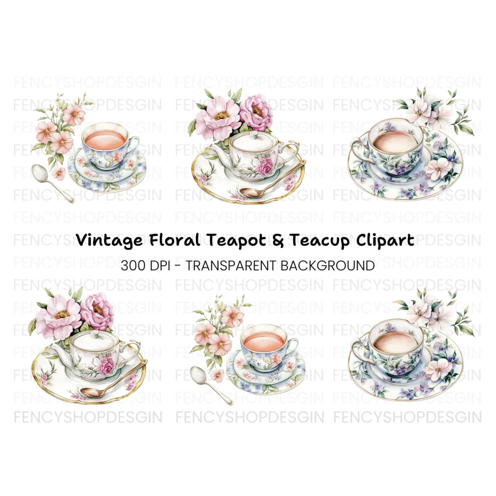 Charming Floral Teacups and Pots Clipart Bundle
