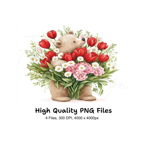 Cute Bear with Flower Bouquet Clipart Bundle
