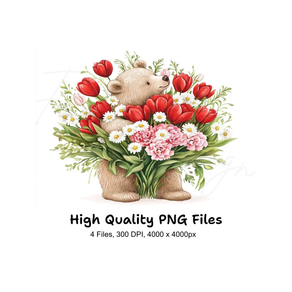 Cute Bear with Flower Bouquet Clipart Bundle