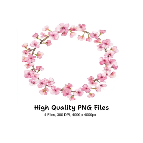 Pink Sakura Flower Wreath Clipart Bundle