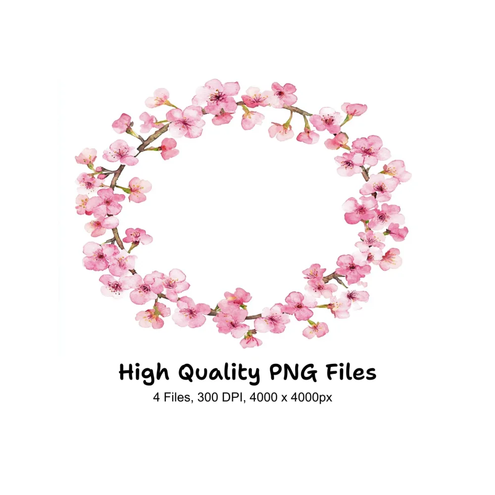 Pink Sakura Flower Wreath Clipart Bundle