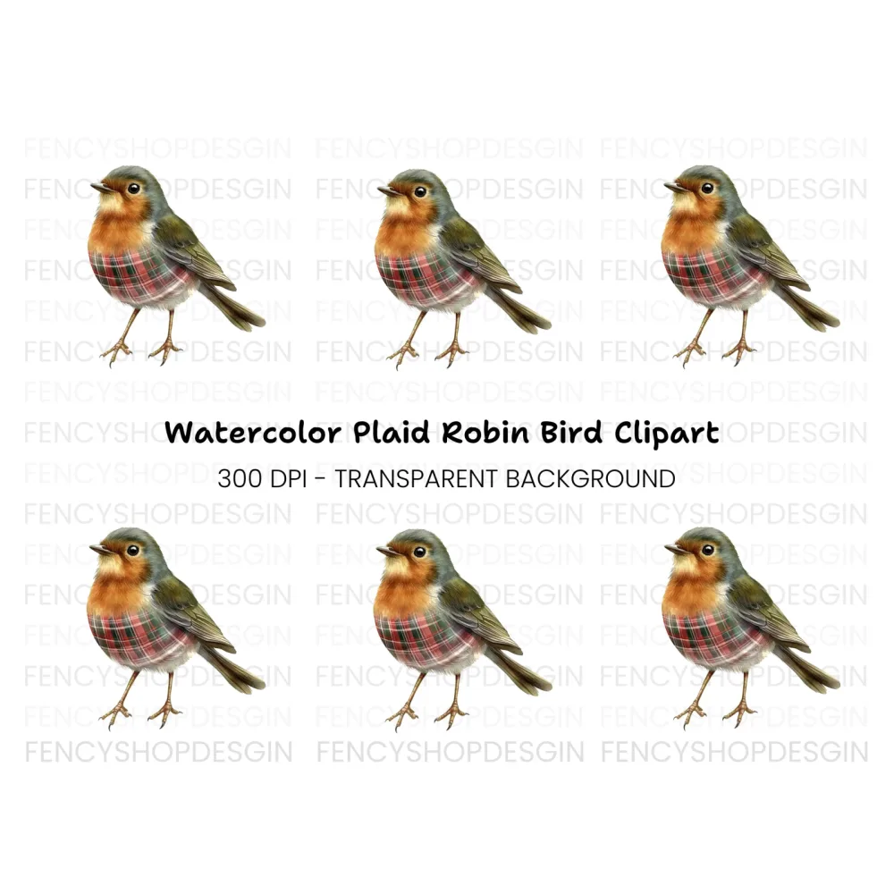 Festive Plaid Robin Bird Clipart Bundle