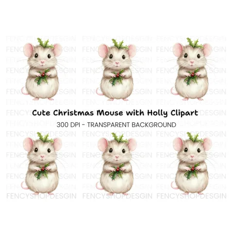 Cute Christmas Mouse with Holly Clipart Bundle