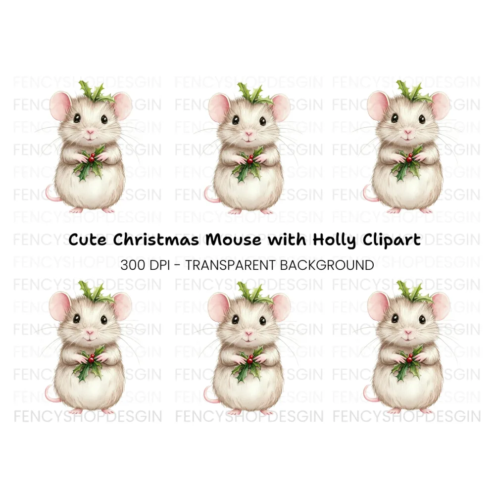 Cute Christmas Mouse with Holly Clipart Bundle