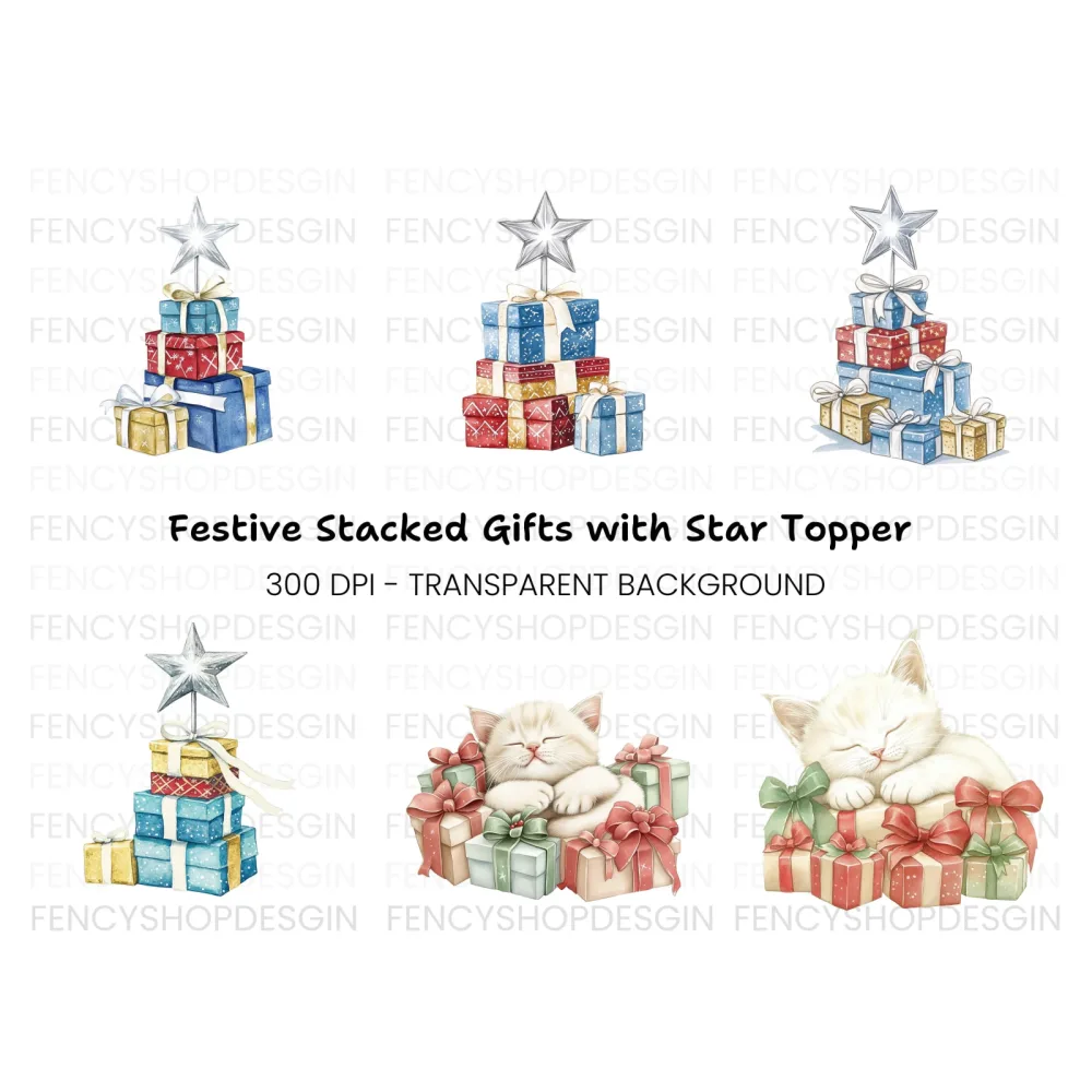 Sleeping Kitten on Christmas Gifts Clipart Bundle