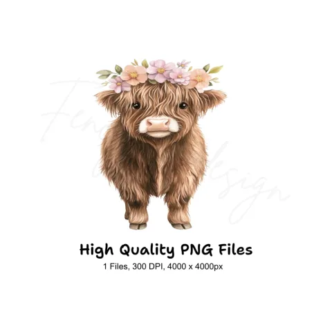 Cute Baby Highland Cow with Flower Crown Clipart Bundle