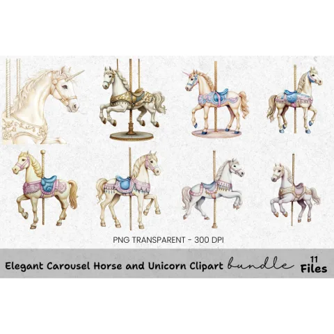 Elegant Carousel Horse and Unicorn Clipart Bundle