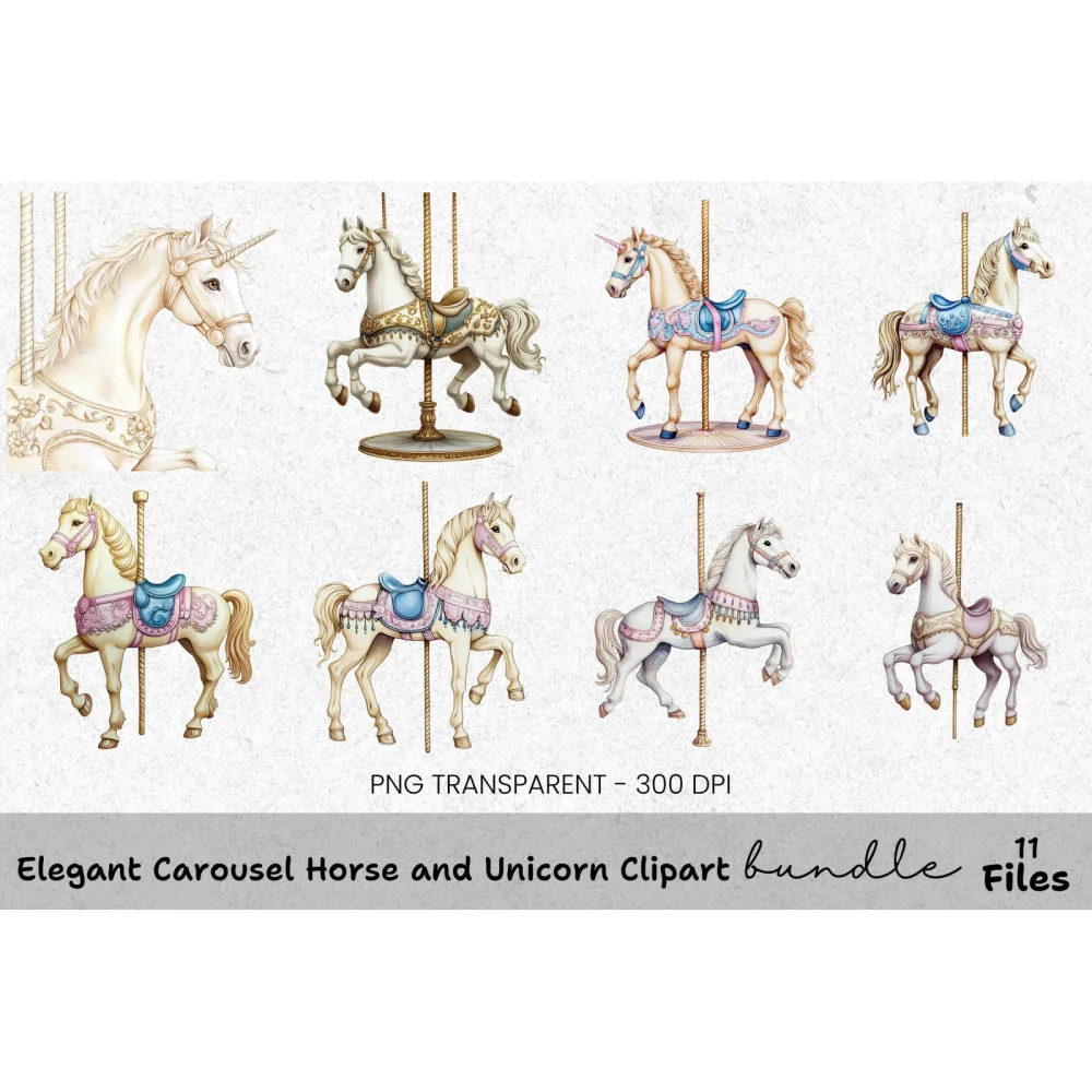 Elegant Carousel Horse and Unicorn Clipart Bundle