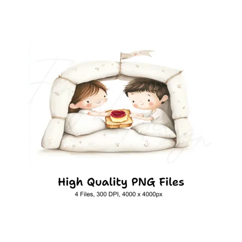 Cute Couple Pillow Fort Breakfast Clipart Bundle