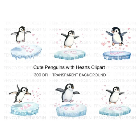 Adorable Penguin Love Hearts Clipart Bundle