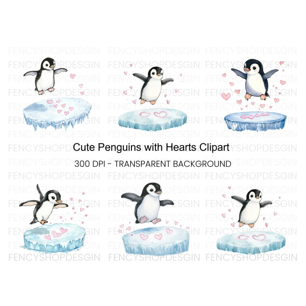 Adorable Penguin Love Hearts Clipart Bundle