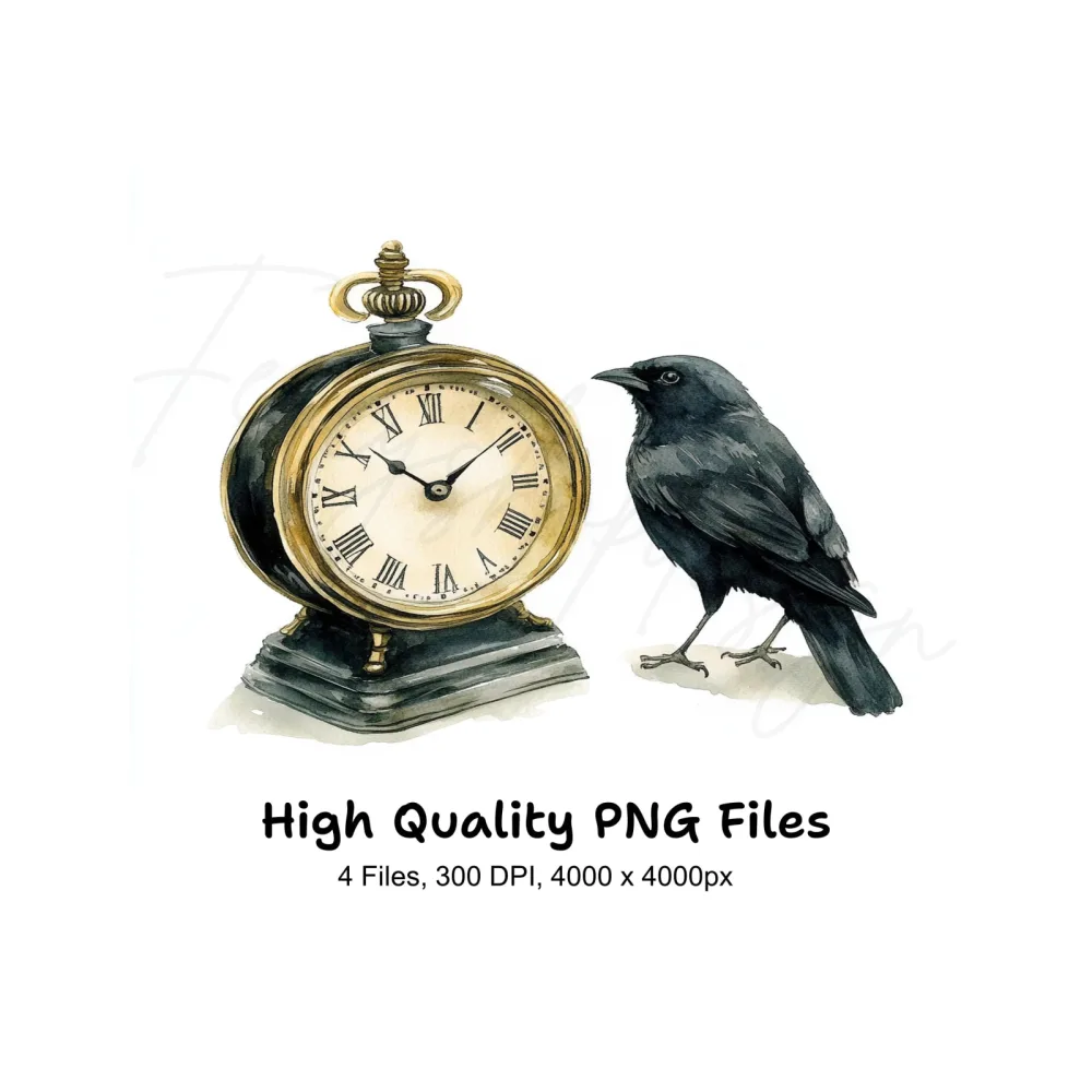 Vintage Raven Clock Clipart Bundle