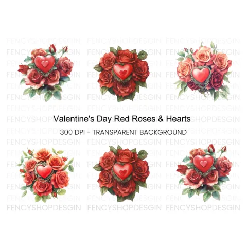 Romantic Rose Bouquets with Heart Clipart Bundle