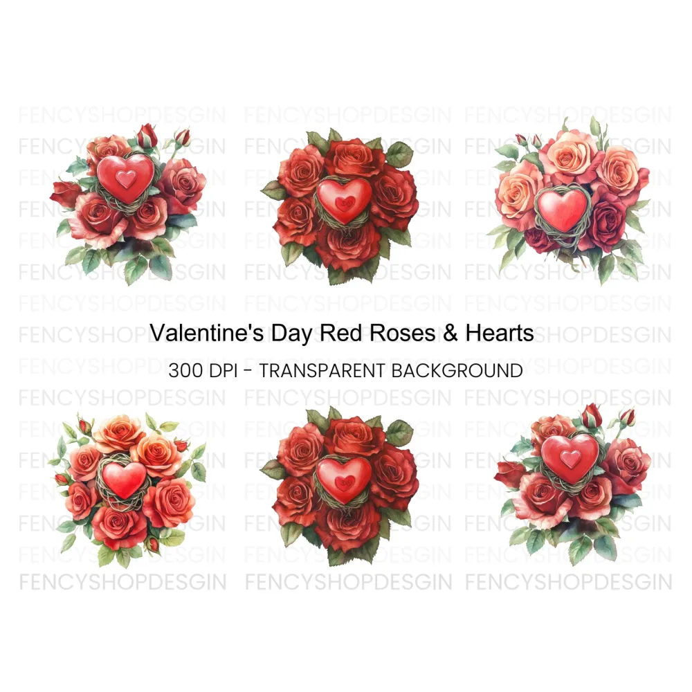 Romantic Rose Bouquets with Heart Clipart Bundle