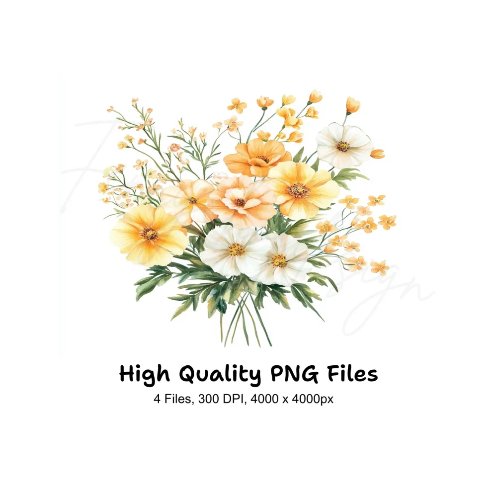 Sunny Yellow and White Floral Bouquets Clipart Bundle