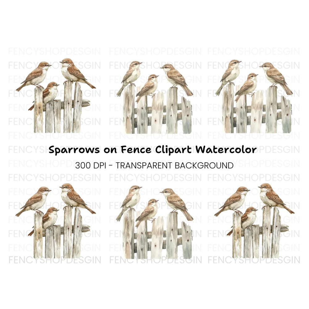 Sparrows on Rustic Fence Clipart Bundle