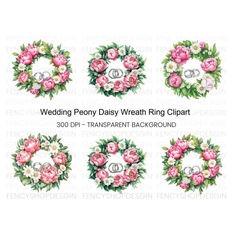 Pink Peony and Daisy Wedding Wreath Clipart Bundle