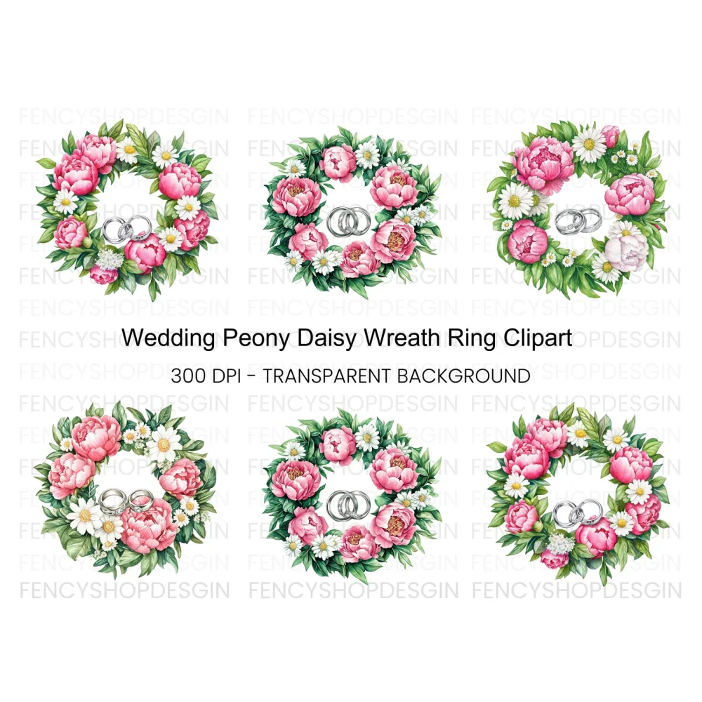 Pink Peony and Daisy Wedding Wreath Clipart Bundle