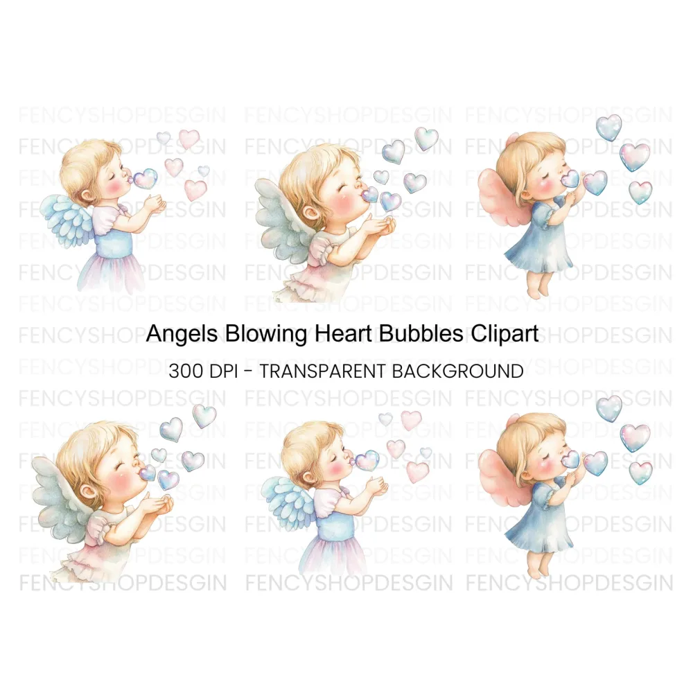 Angels Blowing Heart Bubbles Clipart Bundle