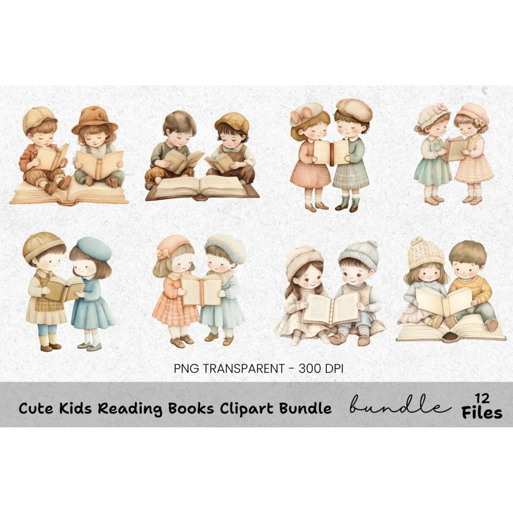 Cute Kids Reading Books Clipart Bundle