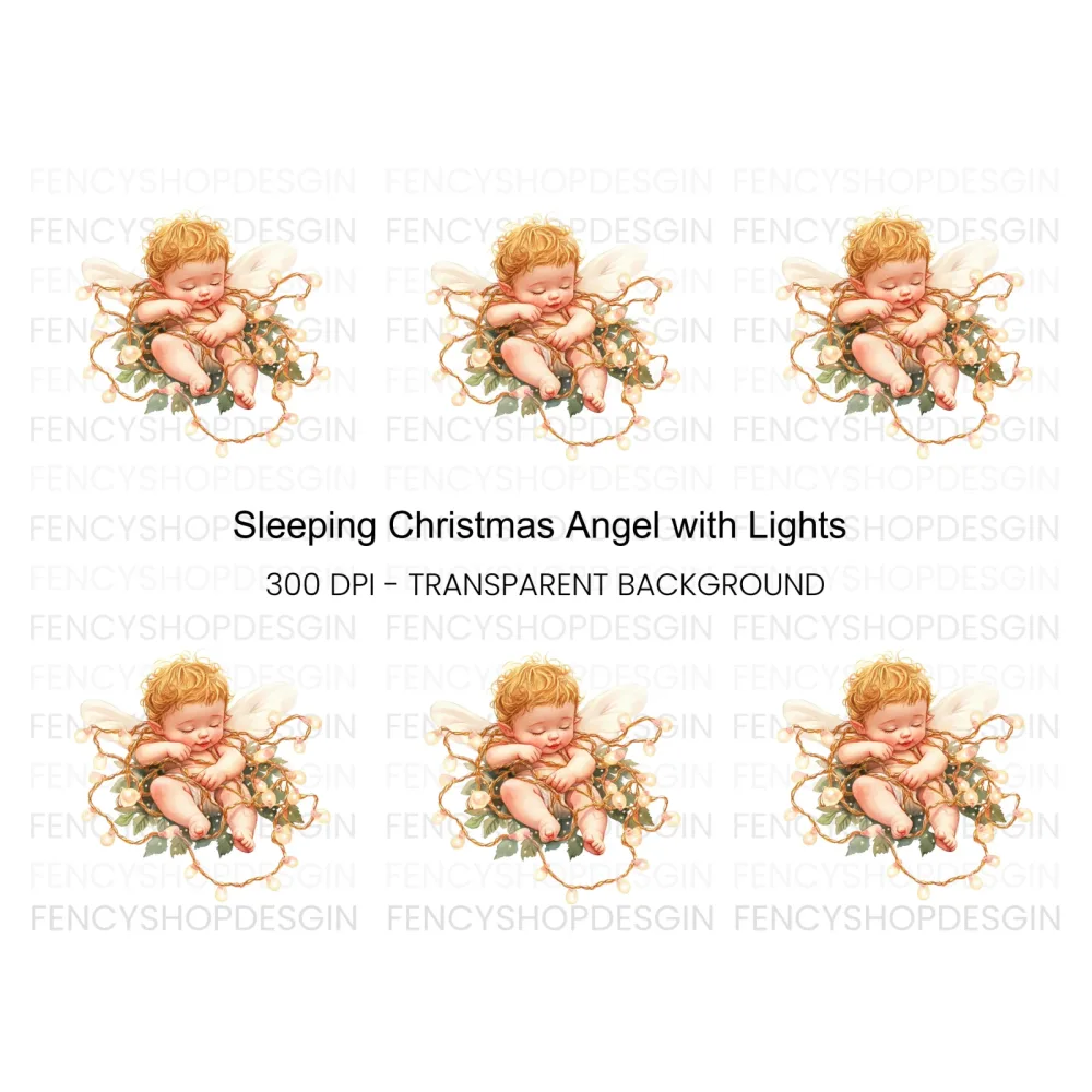 Sleeping Baby Angel with Fairy Lights Clipart Bundle